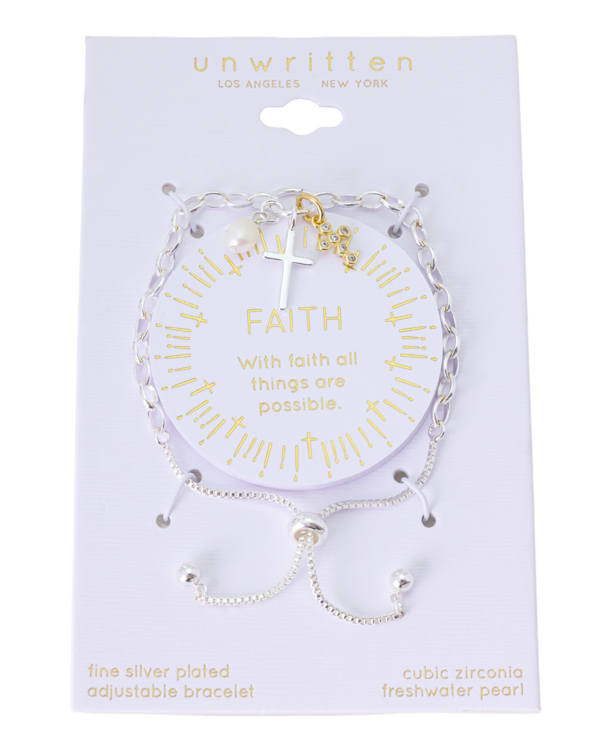 Unwritten Cubic Zirconia And Cultivated Pearl Faith Cluster Charm Bracelet In Yellow