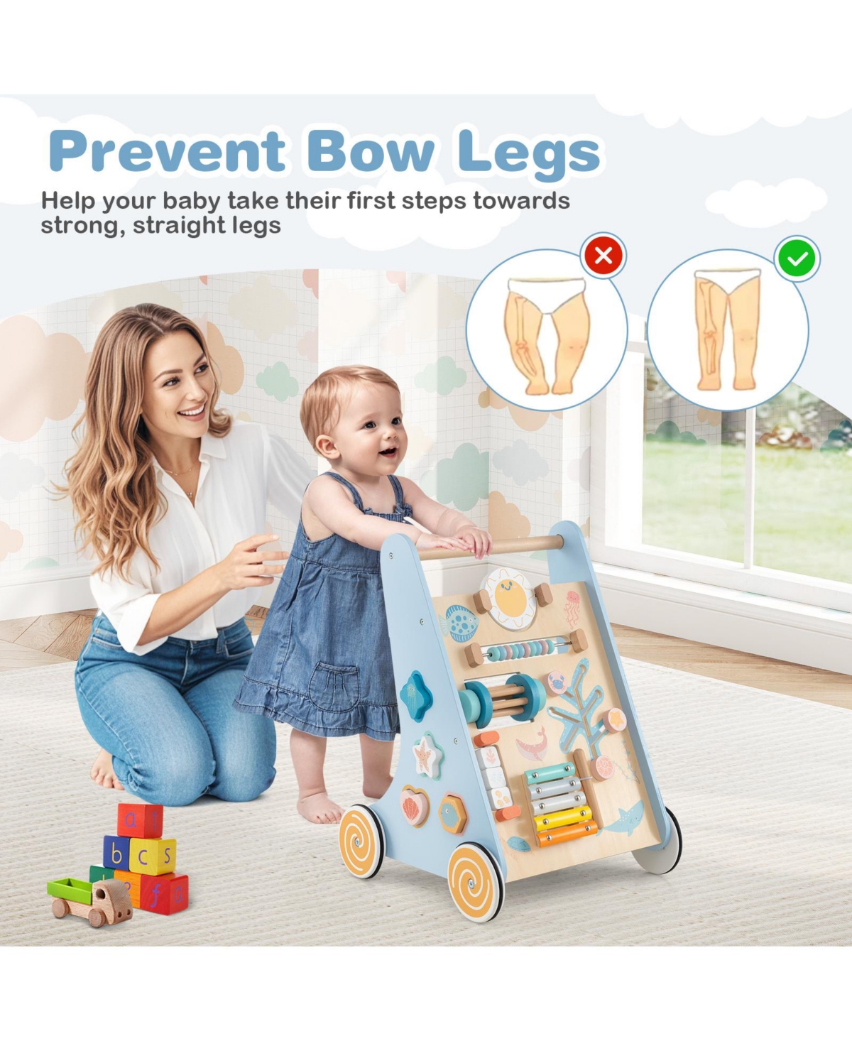 Gymax Wooden Baby Walker Sit to Stand Walker w/ Wheels Push & Pull Learning Activity Center
