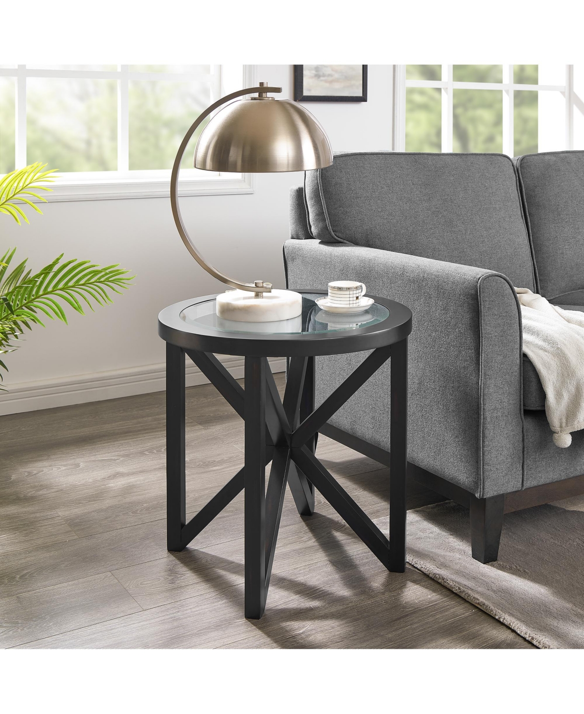 Modern simple glass coffee table, tempered glass coffee table solid wood base round transparent glass top modern living room terrace study coffee tabl