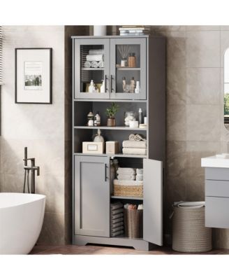 67" Tall Storage Cabinet, Tall Bathroom Cabinet with Glass Doors and Adjustable Shelves
