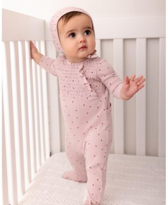 2 Piece Baby Girls "Sweet Cherry" 100% Cotton Smocked Footie Set