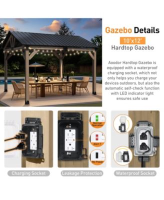 10 x 12 ft Wooden Frame Gazebo with Galvanized Metal Hardtop Roof, Outdoor Patio Gazebo with Charging Socket for Patio