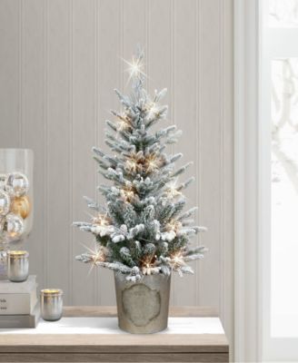 Puleo Pre-Lit Flocked Table Top Artificial Christmas Tree with 35 Lights in Metal Pot, 2'