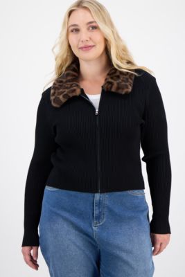 Trendy Plus Size Fur Collared Zip Cardigan