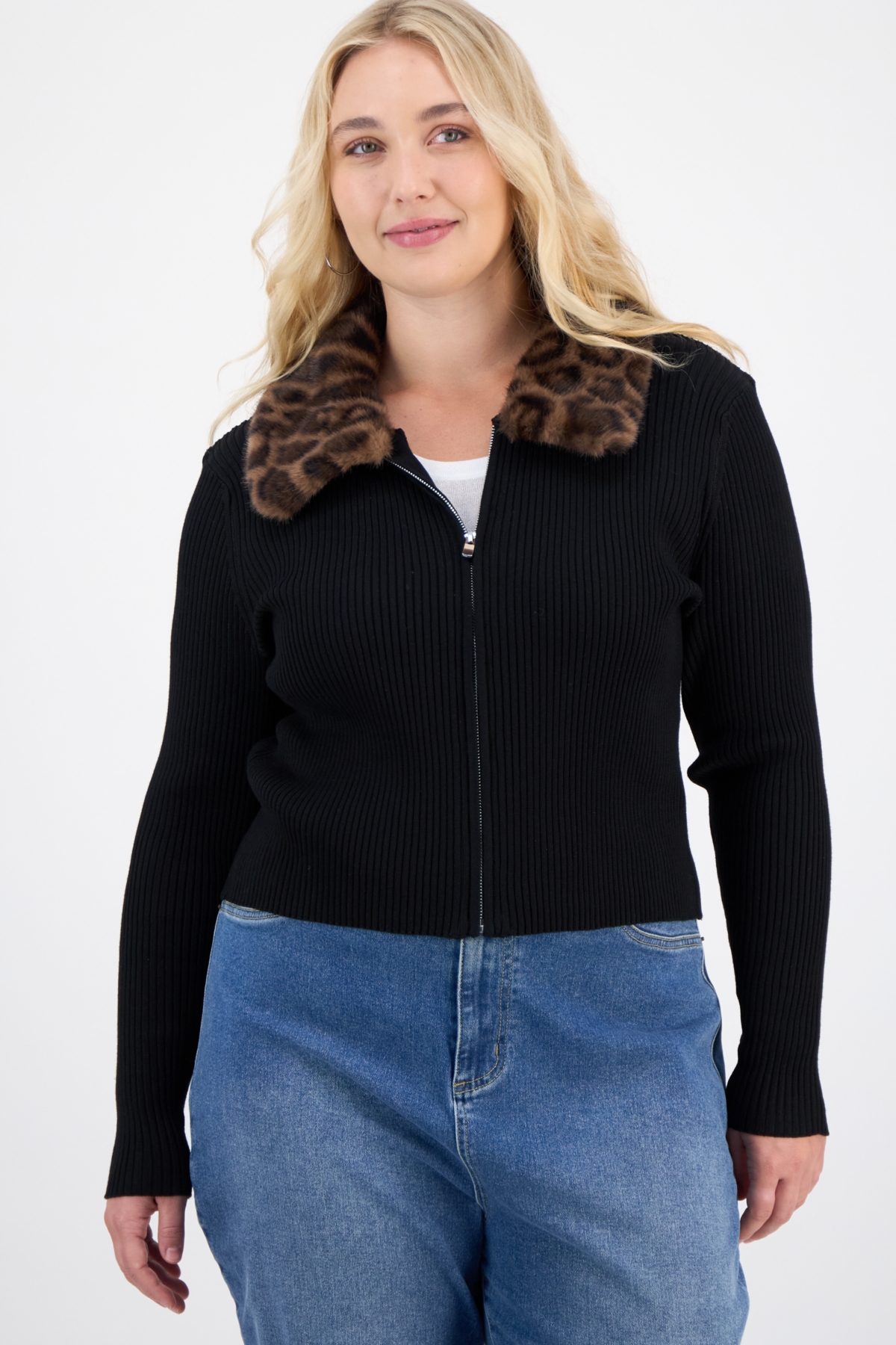 Madden Girl Trendy Plus Size Fur Collared Zip Cardigan In Black