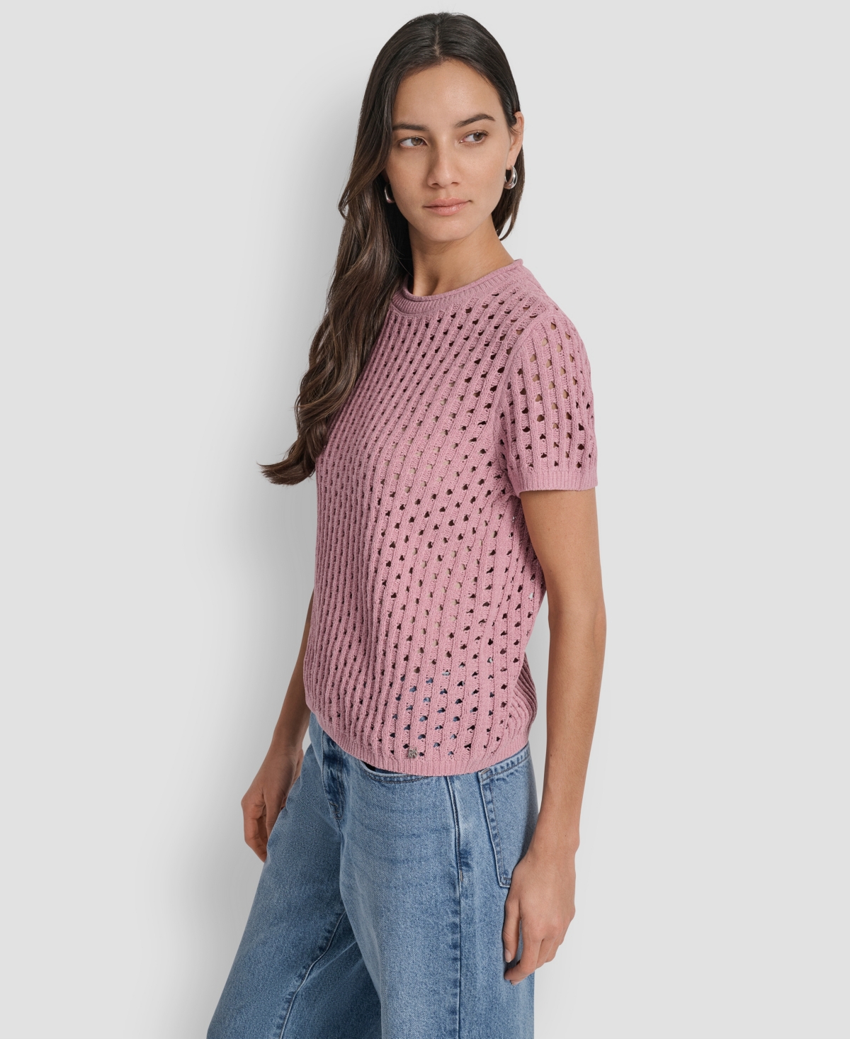 Dkny Jeans Petite Open-stitch Crewneck Sweater In Pink