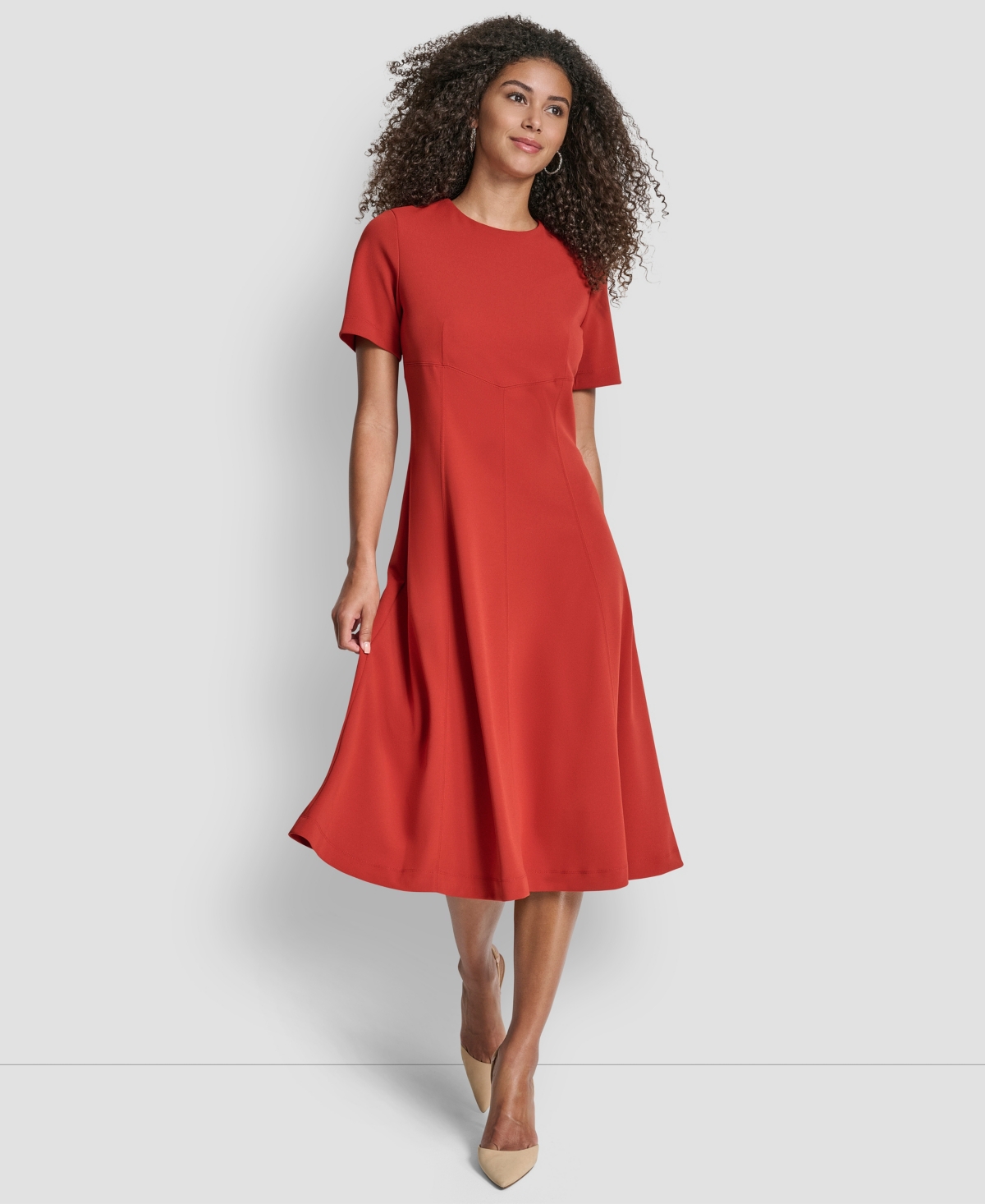 Dkny Short Sleeve Jewel Neck Suede Midi Dress In Red
