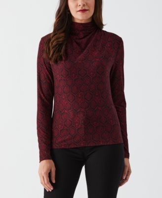 Petite Honeycomb Mosaic Print Ruched Mock Neck Long Sleeve Top