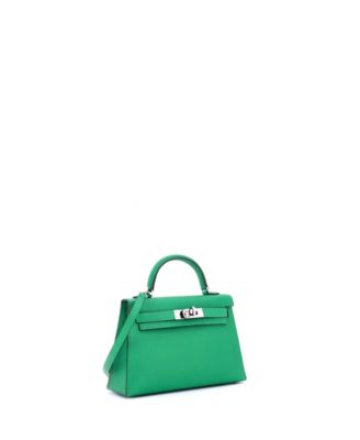 Pre-Owned Hermes Kelly 20 Handbag Green Chevre Mysore with Palladium Hardware