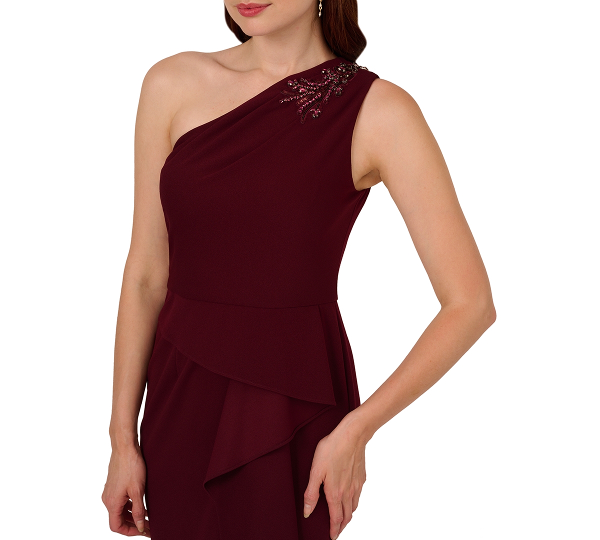 Adrianna Papell Petite Beaded Ruffled One-shoulder Gown In Brown