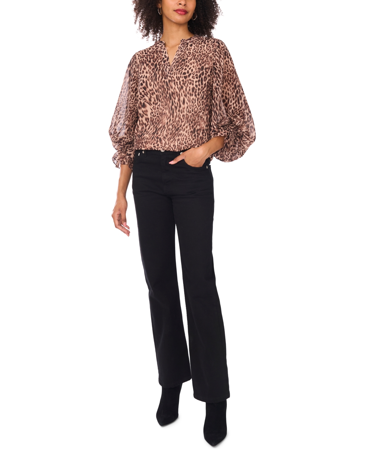 Vince Camuto Split Neck Animal Print Top In Brown