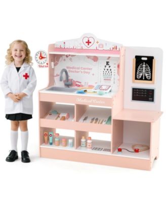 Wooden Doctor Play Set with Clock Sink Eye Chart ECG Monitor Exam Area Storage