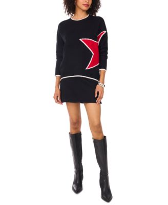 Women's Crewneck Tipped Star-Print Long-Sleeve Sweater