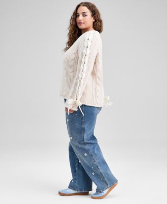 Trendy Plus Size Satin-Laces Cable-Knit Sweater, Macy's Exclusive