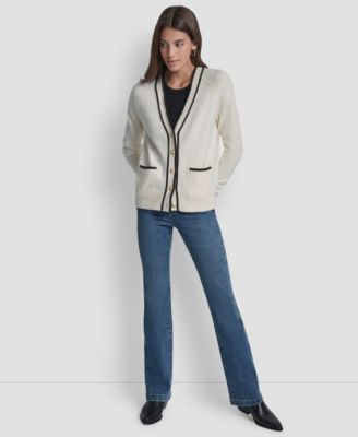 Women's Long Sleeve Tipped V-Neck Cardigan Sweater