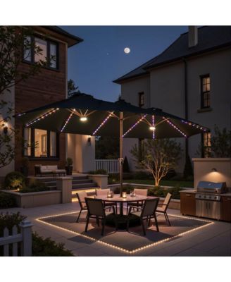 15ft Solar Umbrella Smart LED Lighted Patio Umbrella,12 Heavy Duty Ribs Large Outdoor Double Sided Rectangle Umbrella with Light Modes and Base