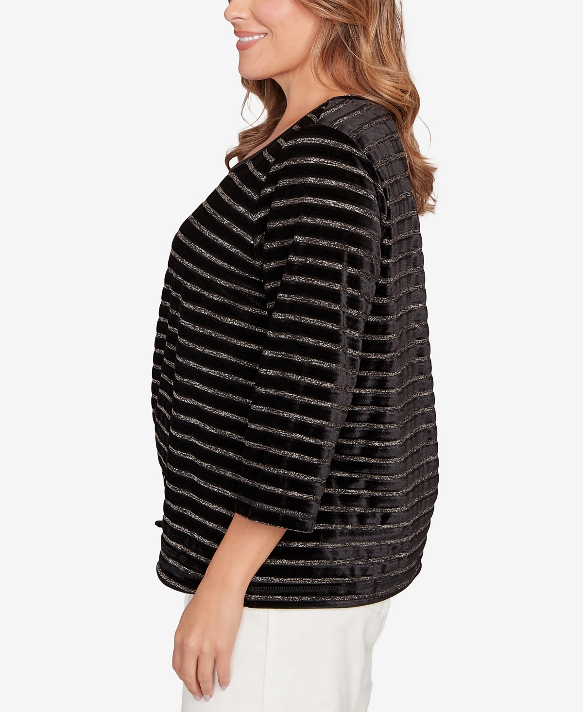Hearts Of Palm Plus Size Long Sleeve Metallic Stripe Blouson Top In Black