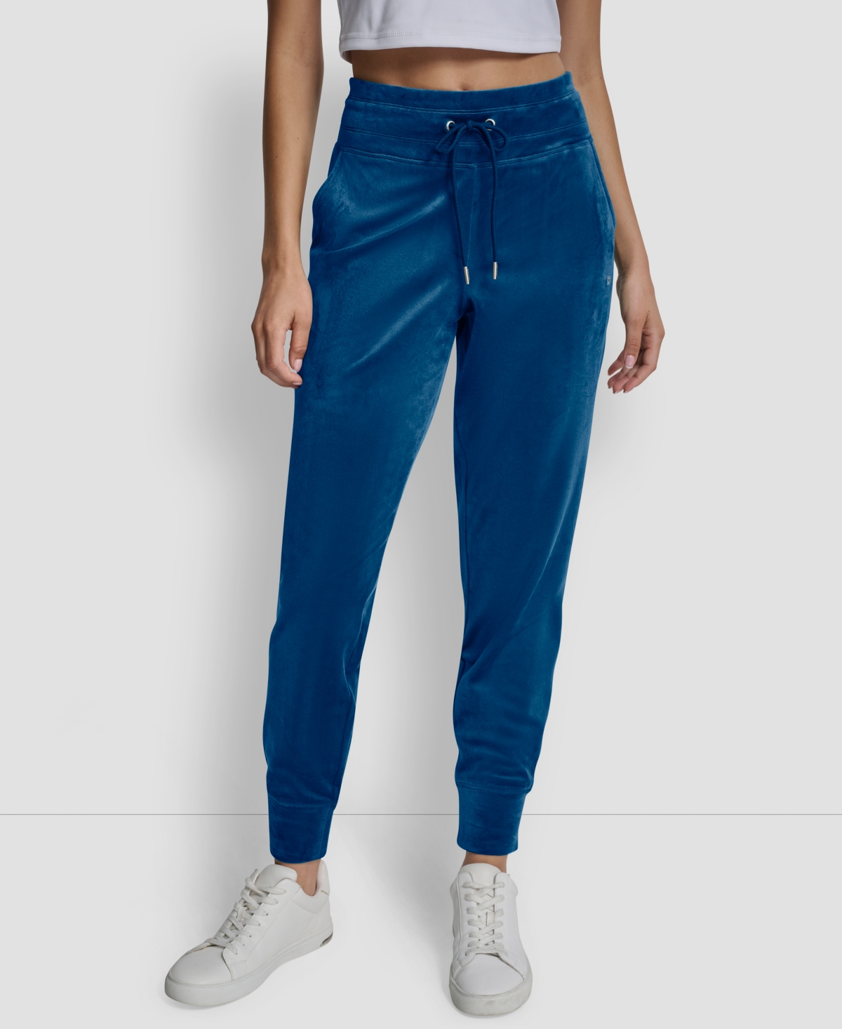 Dkny Women's Platinum Velour Rhinestone Logo Slim Fit Joggers In Blue