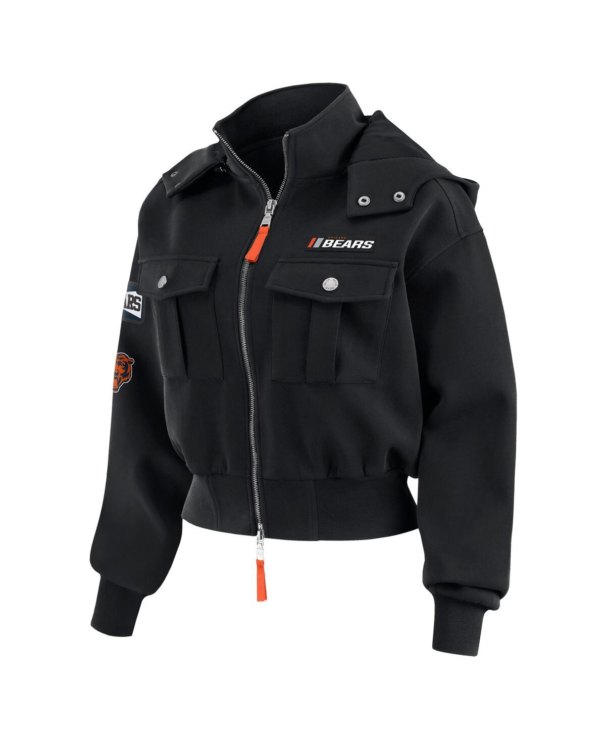 Wear By Erin Andrews Women's Black Chicago Bears Patch Pocket Cropped Full-zip Bomber Jacket In Black