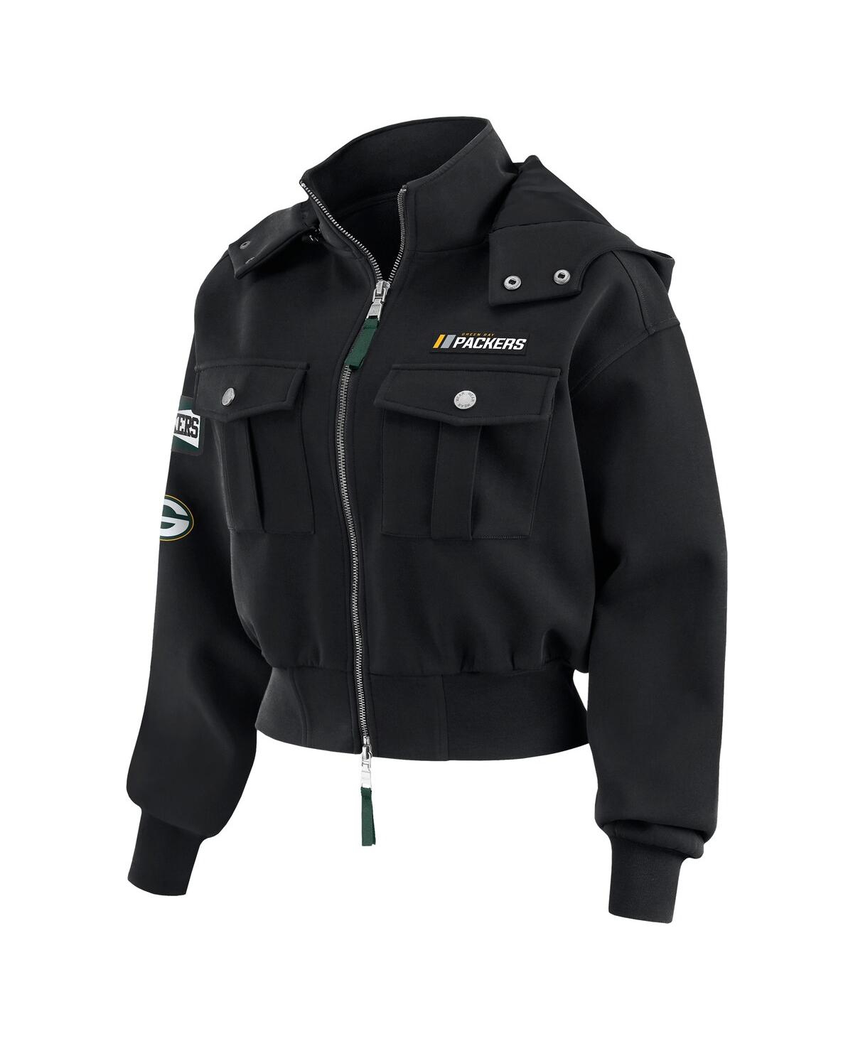 Wear By Erin Andrews Women's Black Green Bay Packers Patch Pocket Cropped Full-zip Bomber Jacket In Black