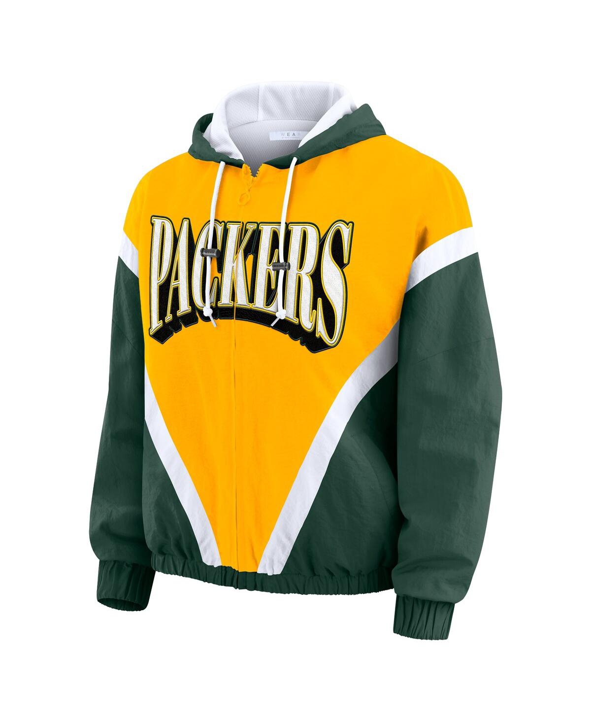 Wear By Erin Andrews Women's Gold/green Green Bay Packers Retro Crinkle Full-zip Hoodie Windbreaker Jacket In Multi