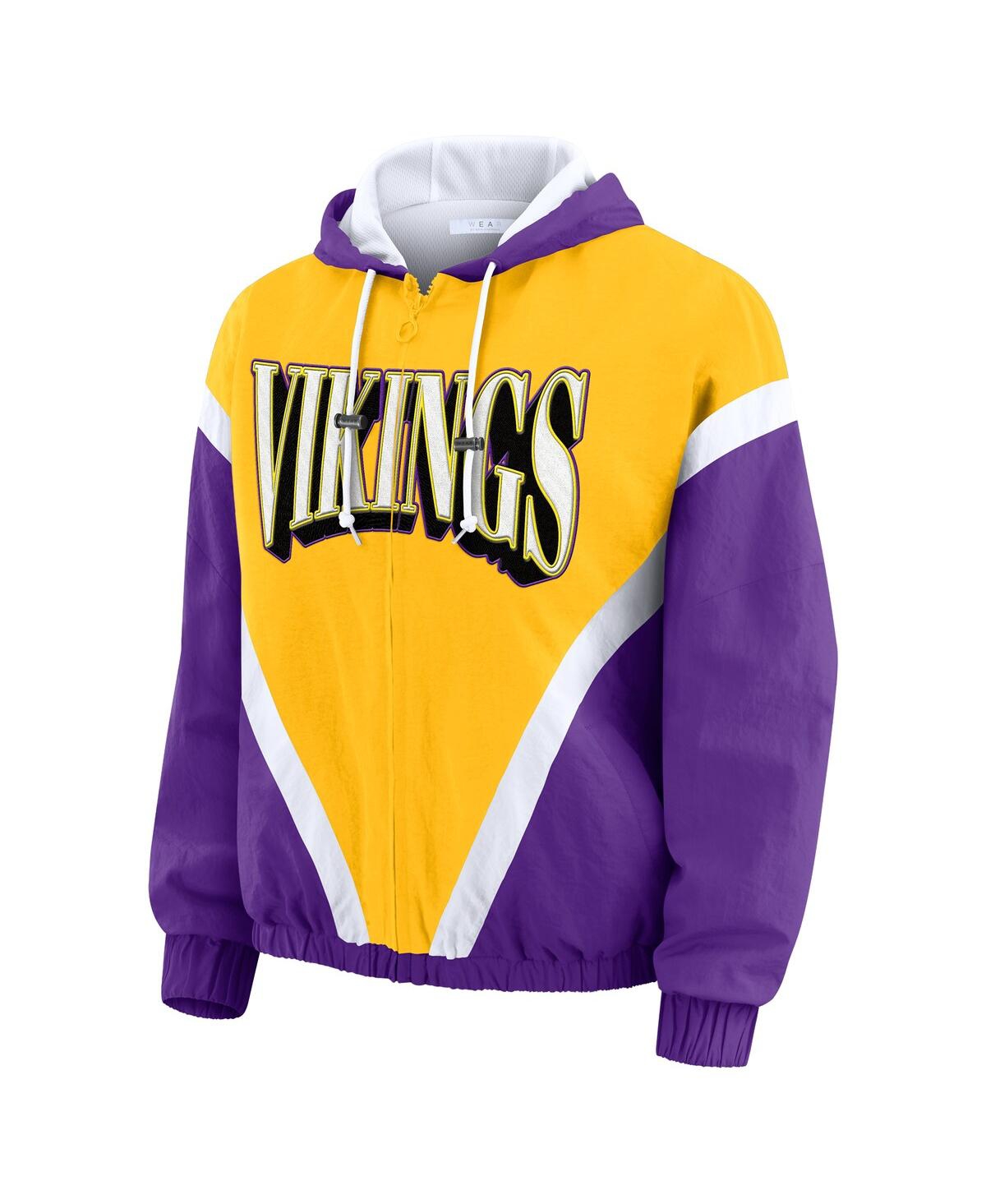 Wear By Erin Andrews Women's Gold/purple Minnesota Vikings Retro Crinkle Full-zip Hoodie Windbreaker Jacket In Purple