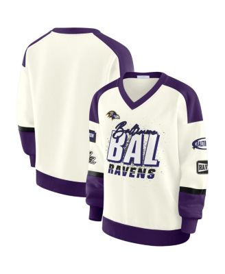 WEAR by Erin Andrews - Women's Cream Baltimore Ravens Racing Crew V-Neck Sweatshirt