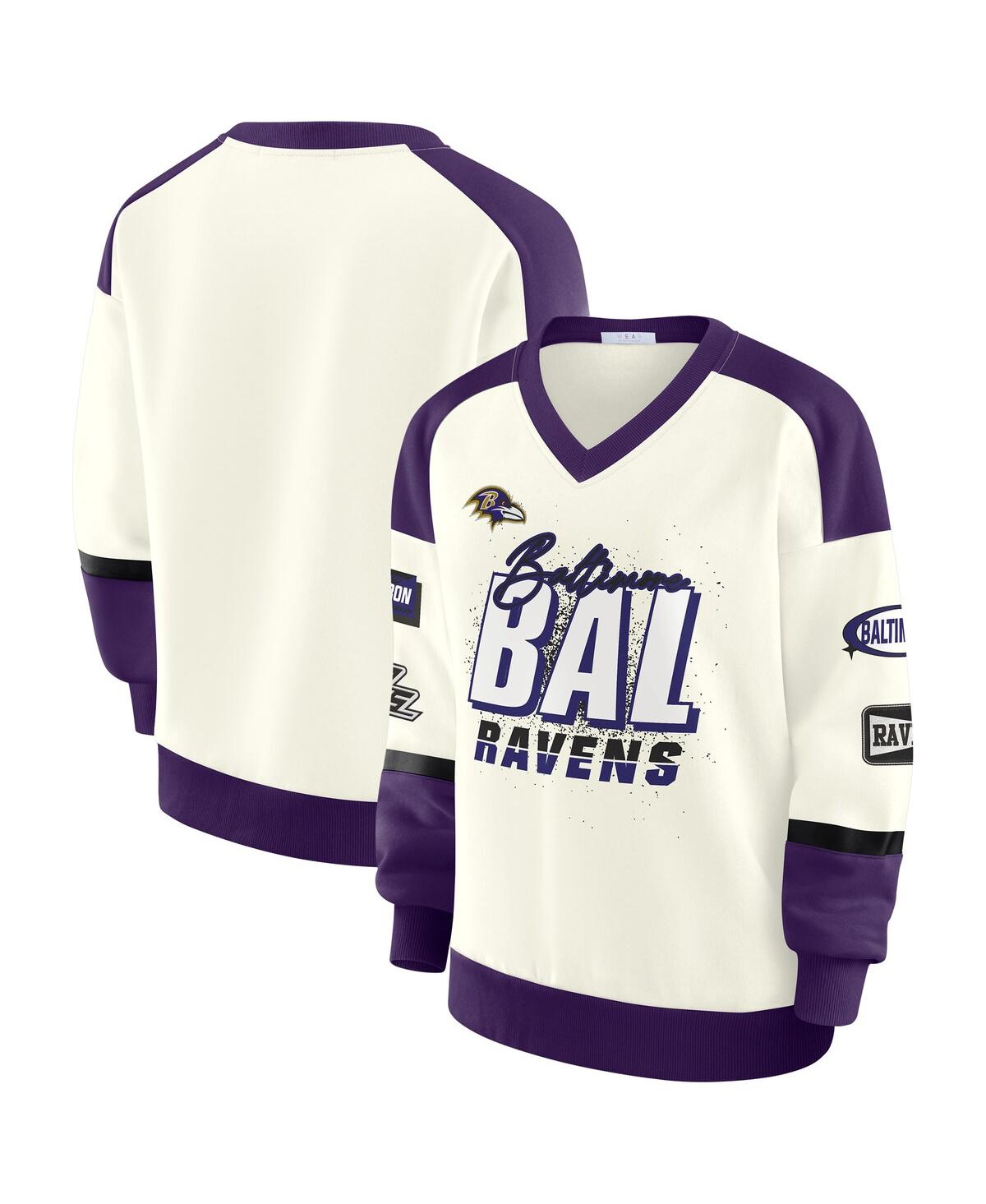 Wear By Erin Andrews Women's Cream Baltimore Ravens Racing Crew V-neck Sweatshirt In Purple