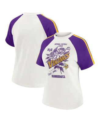 WEAR by Erin Andrews - Women's White Minnesota Vikings Sleeve Stripe Distressed Raglan T-Shirt
