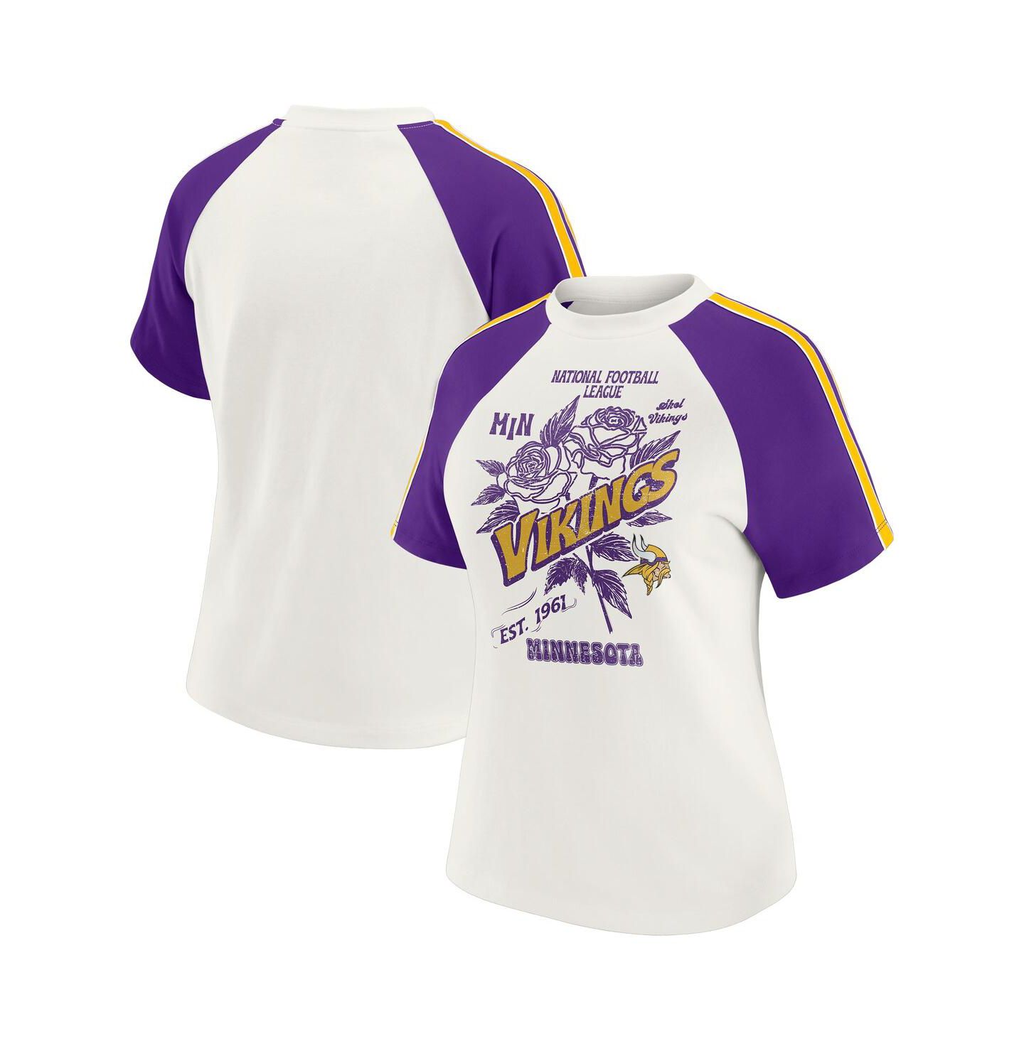 Женская футболка WEAR by Erin Andrews White Minnesota Vikings Sleeve Stripe Distressed Raglan — фото 1
