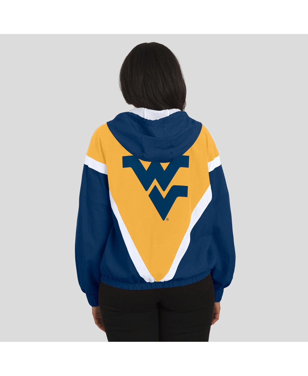 Wear By Erin Andrews Women'snavy/gold West Virginia Mountaineers Color Block Full-zip Hoodie Windbreaker Jacket In Blue