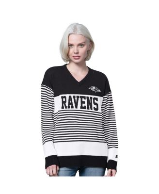 Starter - Women's Black Baltimore Ravens No Huddle Striped V-Neck Sweater