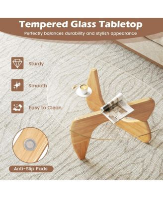 Triangle Coffee Table with Tempered Glass Top & Adjustable Rubber Wood Base