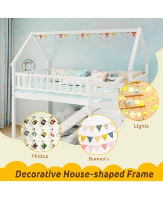 Twin Over Twin Bunk Bed w/Slide & Staircase Storage Compartments for Kids Teens