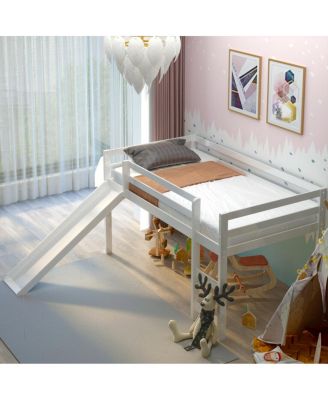 Twin Size Loft Bed with Slide Wood Low Sturdy Loft Bed Bedroom