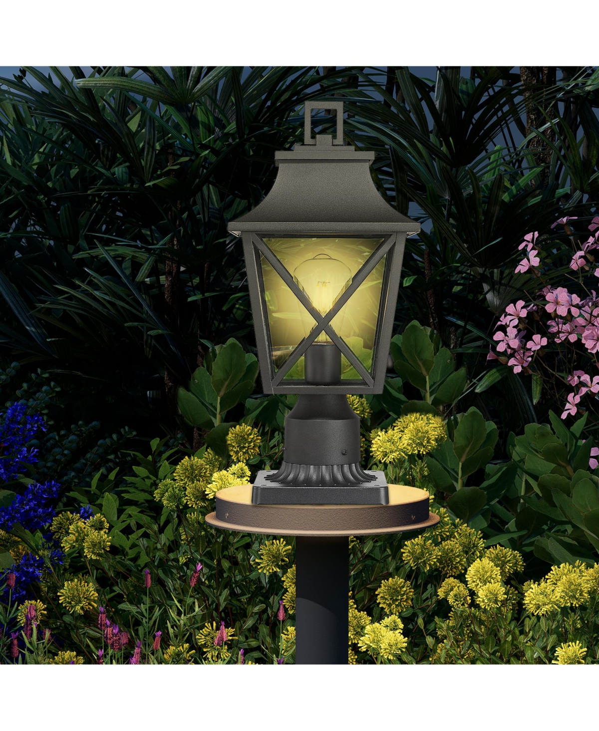 Outdoor Post Light, Black Pole Lantern Lighting Fixture with Pier Mount Base Hard Wired, Outdoor Column Lights Exterior Lamp Post Lantern with Glass f