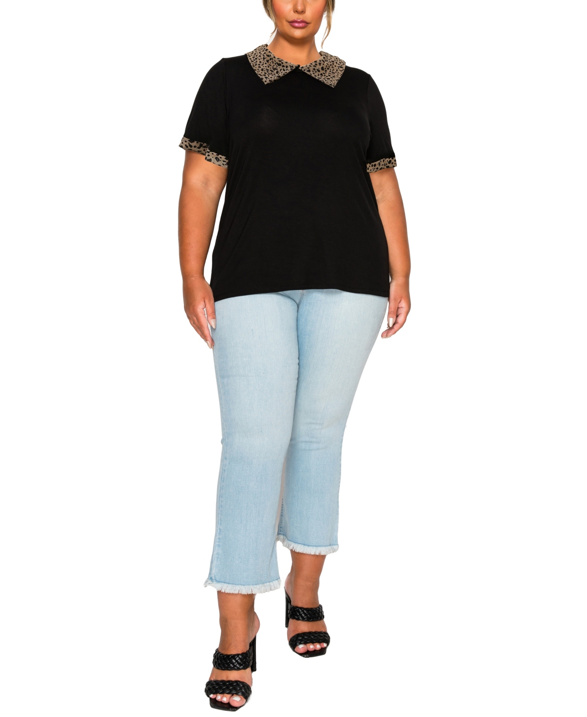 Coin 1804 Plus Size Pebble Mesh Collar Keyhole Back Short Sleeve Top In Black