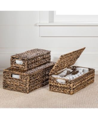 Hand-Woven Hyacinth Storage Baskets with Handles and Lids (Set of 3)