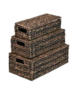 Hand-Woven Hyacinth Storage Baskets with Handles and Lids (Set of 3)