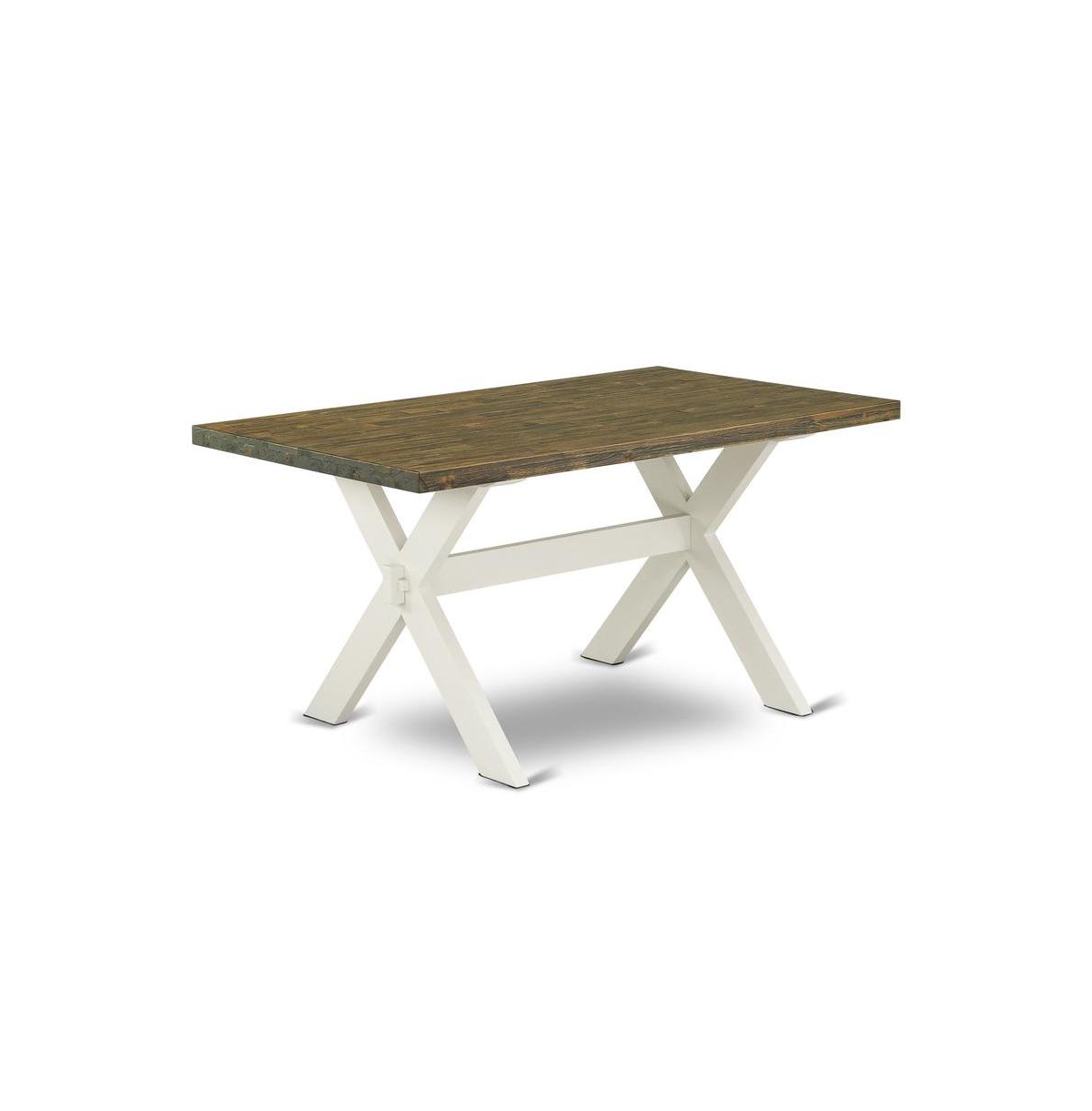 East West Furniture 6-Piece Stylish Dining Table Set a Superb Distressed Jacobean Modern Dining Table Top and Distressed Jacobean Indoor Bench and 4 L