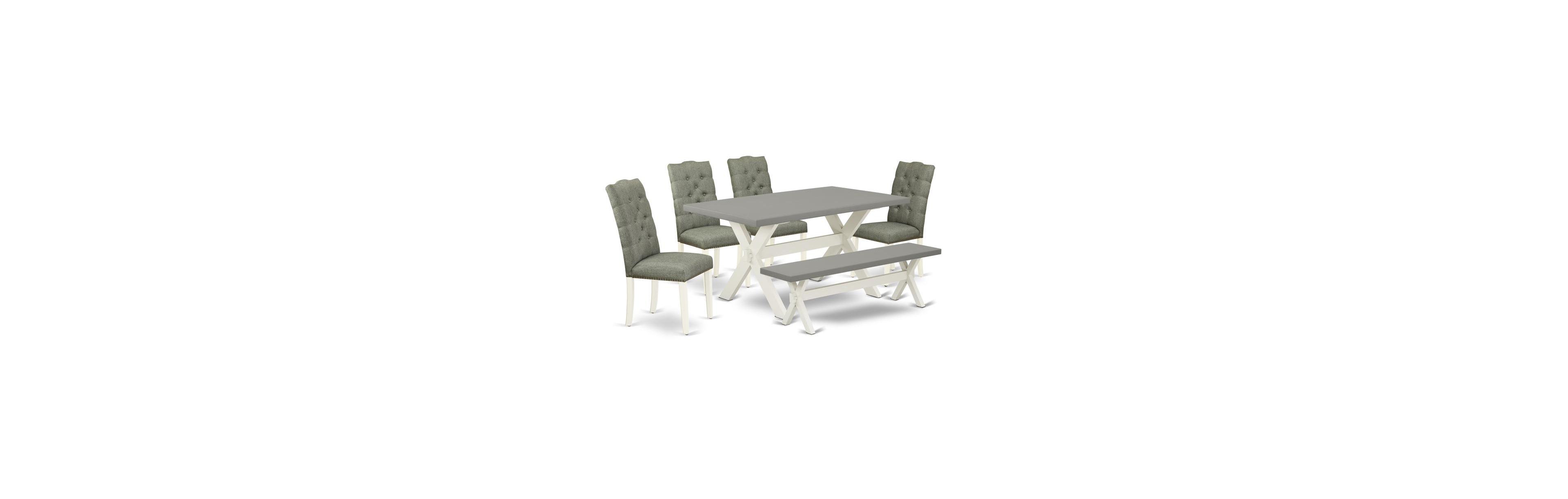 East West Furniture 6-Pc Dining Table Set- 4 Parson Chairs with Smoke Linen Fabric Seat and Button Tufted Chair Back