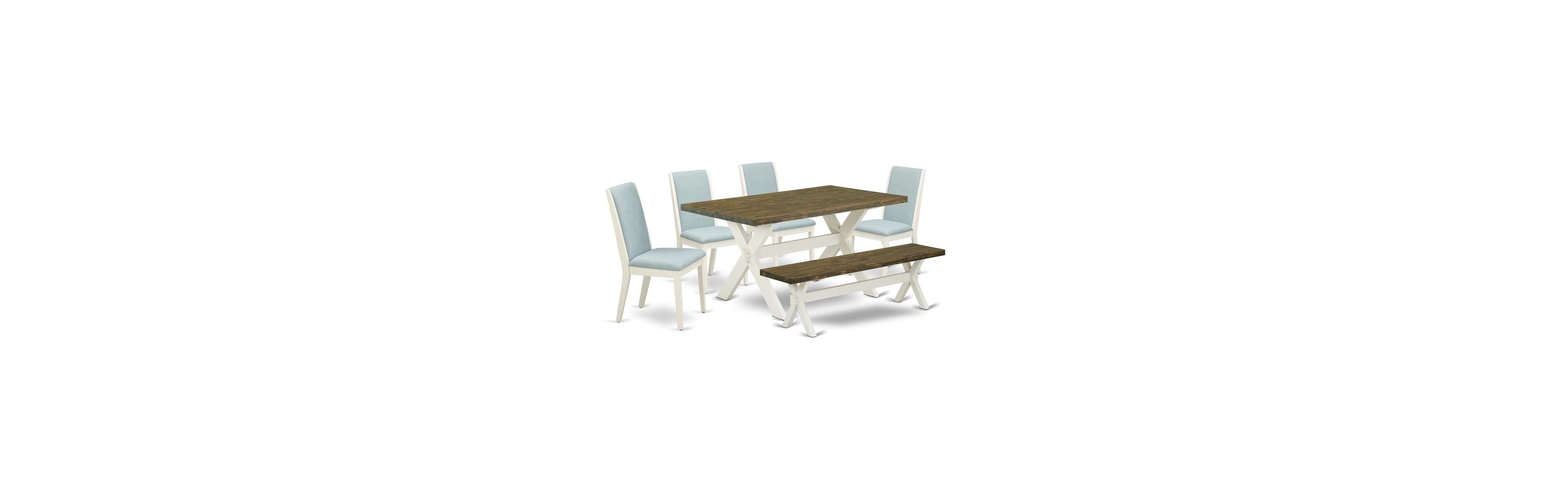 East West Furniture 6Pc Dining Table Set Offers a Kitchen Table, 4 Parson Dining Chairs with Baby Blue Color Linen Fabric and a Bench, Medium Size Tab