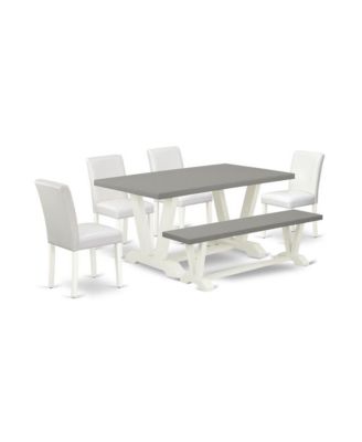 6-Piece Dining Set with Cement Finish Wood Table, Bench, and 4 PU Leather Chairs, Modern Rectangular Dining Table