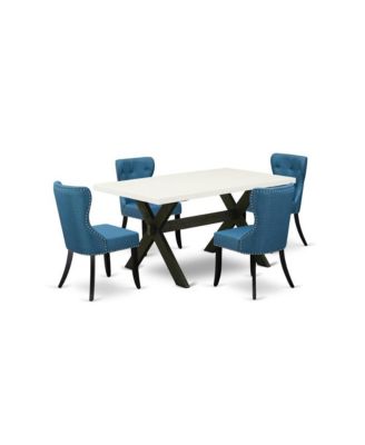 5-Piece Dining Table Set – Rectangular Table with Wooden Legs and 4 Parson Chairs with Linen Seats and Tufted Backs