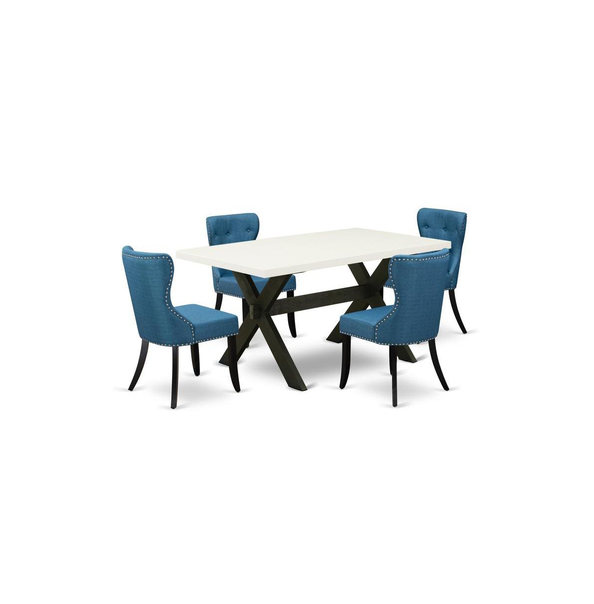 East West Furniture 5-Piece Dining Room Table Set- 4 Parson Dining Room Chairs with Blue Linen Fabric Seat and Button Tufted Chair Back