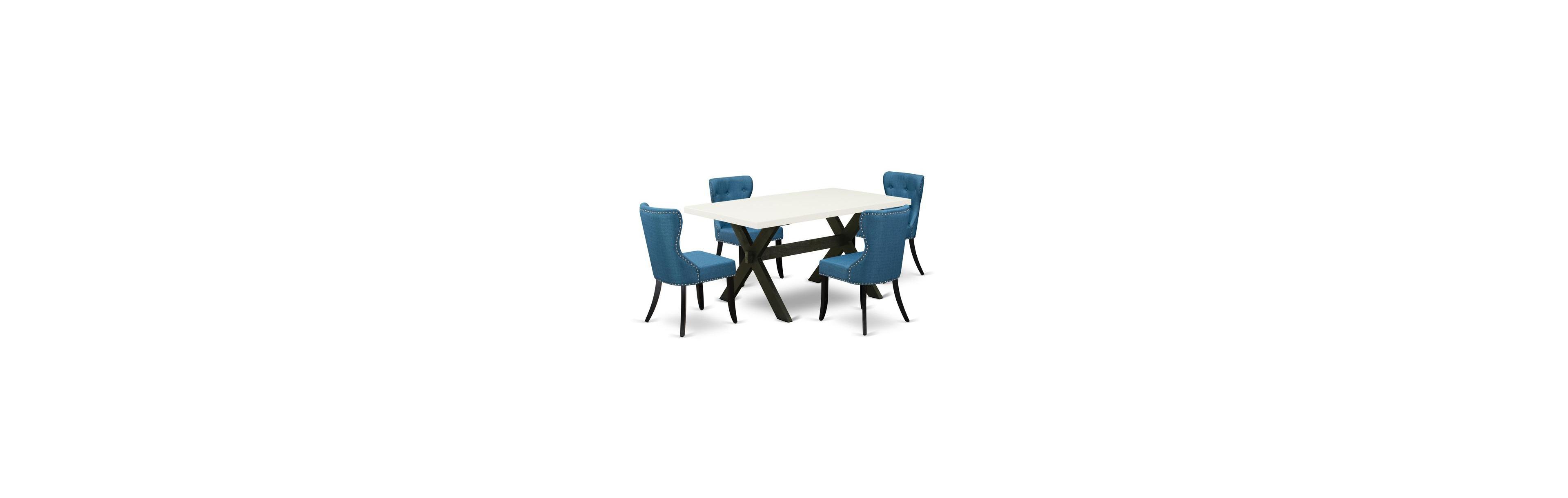 East West Furniture 5-Piece Dining Room Table Set- 4 Parson Dining Room Chairs with Blue Linen Fabric Seat and Button Tufted Chair Back