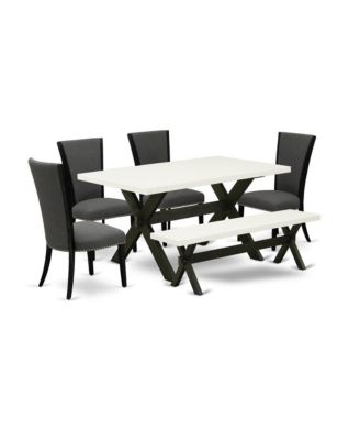 6 Piece Kitchen Table Set - 4 Dark Gotham Grey Linen Fabric Chairs for Dining Room with Nailheads and Linen White Wooden Dining Table, 1 Modern Bench