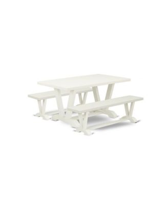 Pc Table Set - 1 Linen White Wood Dining Table and 2 Mid Century Modern Bench - Stable and Durable Construction - Linen White Finish