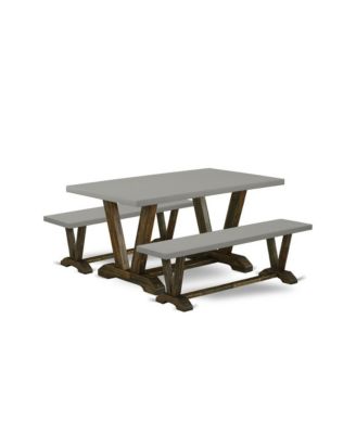 3-Piece Asian Hardwood Cement Top with Distressed Jacobean Finish Table and Benches Kitchen Table Set