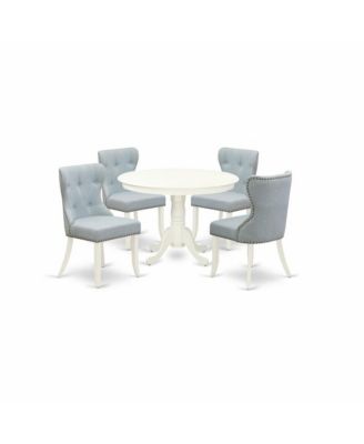 dining set of 4 amazing kitchen dining chairs with Linen Fabric Baby Blue color and a beautiful 42-Inch Round dining table with Linen White color